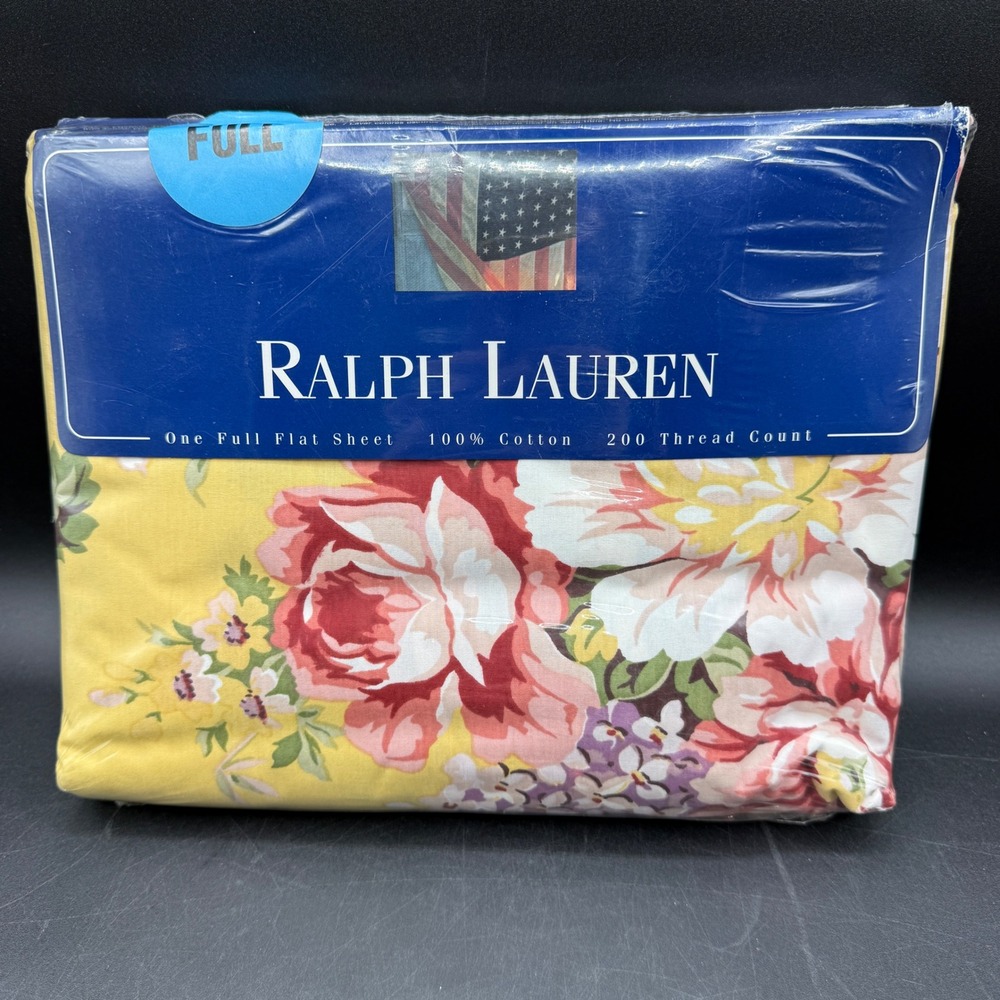 Vtg NIP NEW Ralph Lauren Brooke Floral Flat Sheet Full Yellow Cotton Cottage